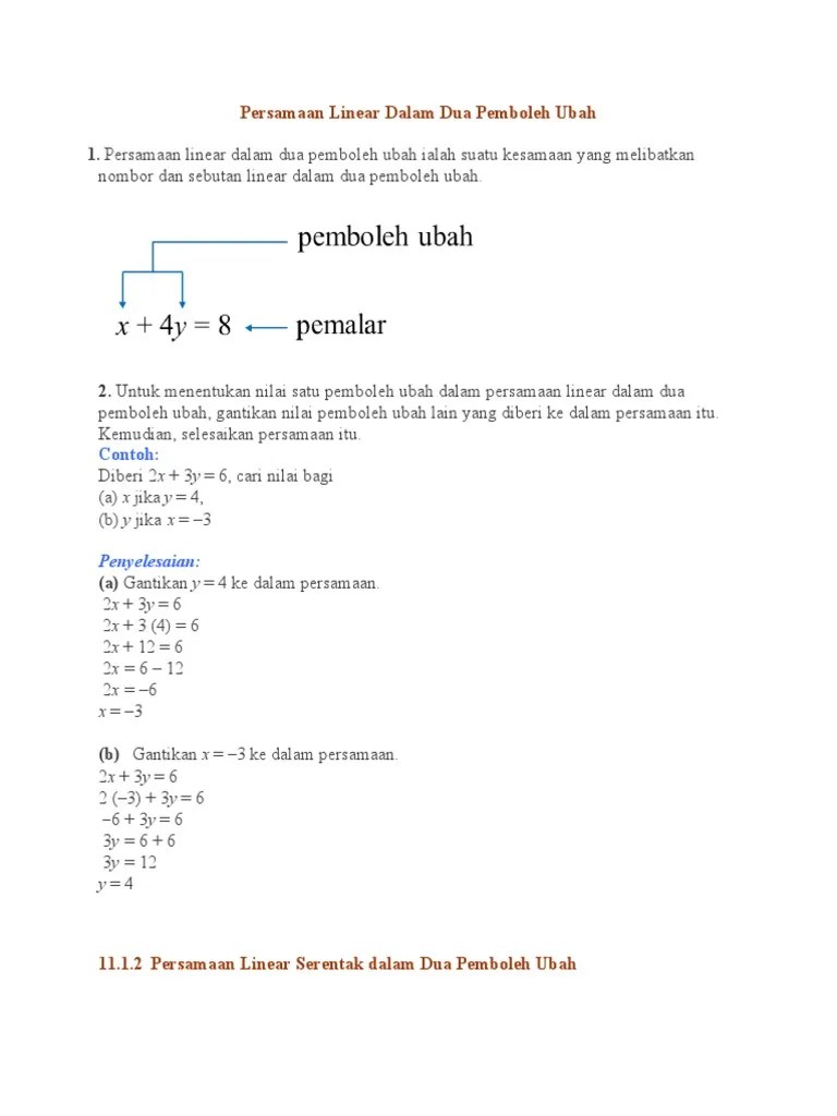 Tulis dua pasangan penyelesaian yang mungkin bagi . Nota Persamaan Linear Pdf