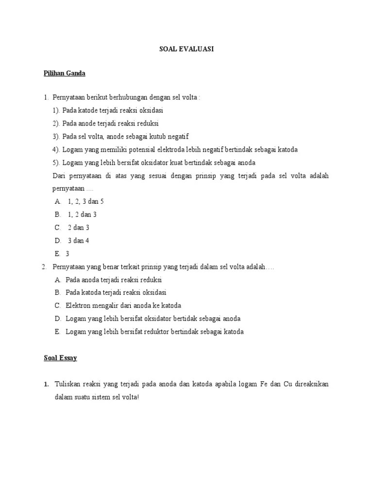 Contoh Soal Evaluasi Sel Volta | PDF