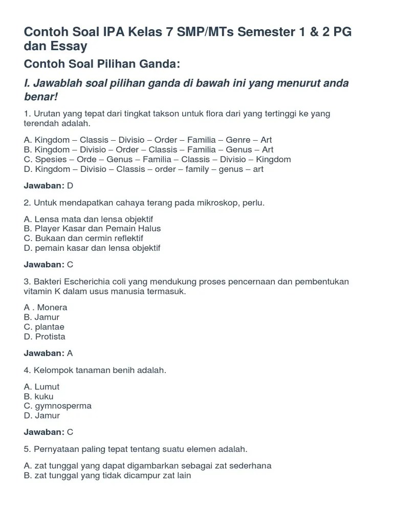 Soal essay dan jawaban tentang plantae lukisan. Contoh Soal Ipa Kelas 7 Smp