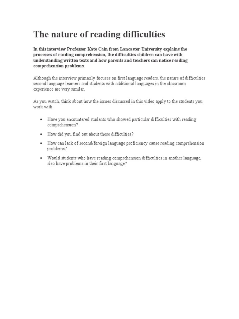 The Nature Of Reading Difficulties | PDF