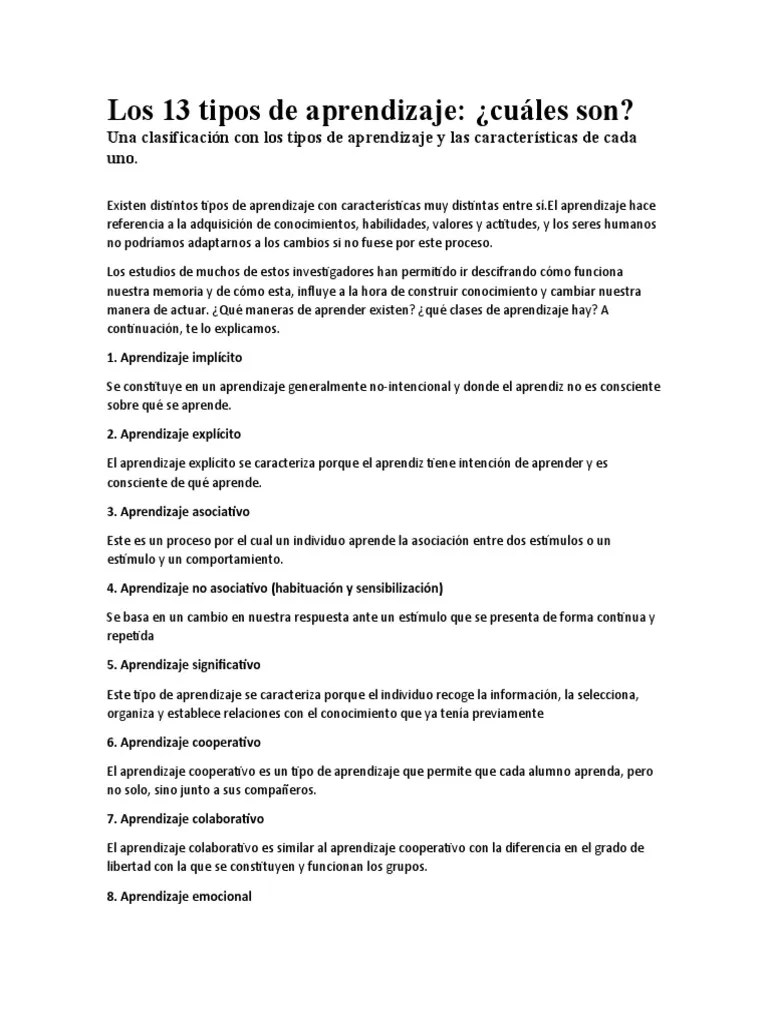 Los 13 Tipos De Aprendizaje | PDF | Las Emociones | Memoria