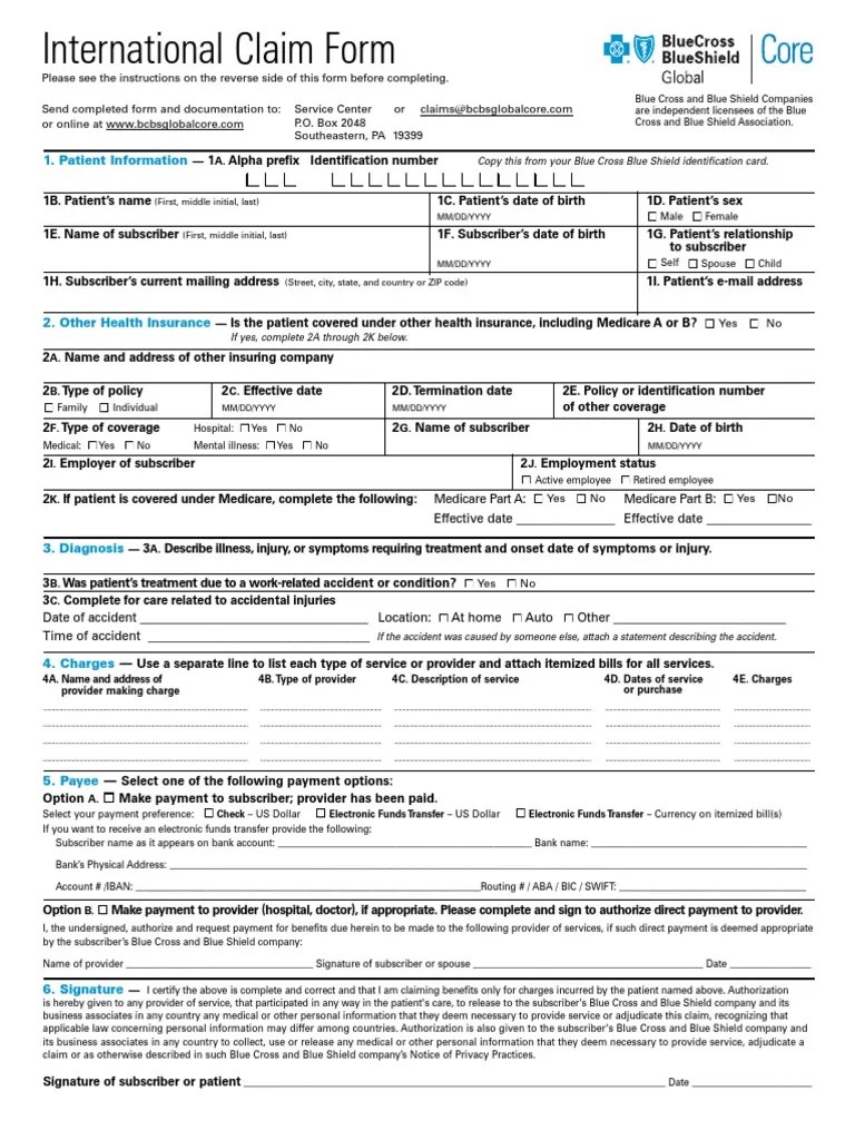 International Claim Form: 1. Patient Information | Download Free PDF | Payments | Cheque