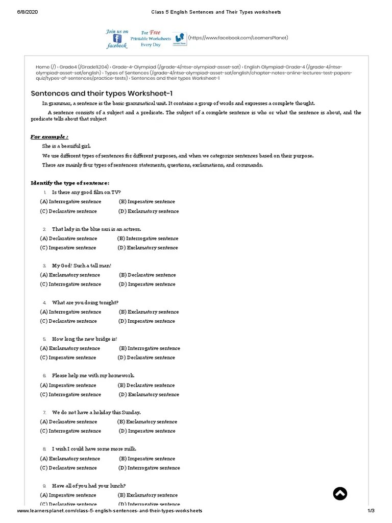 Class 5 English Sentences And Their Types Worksheets | PDF | Sentence ...