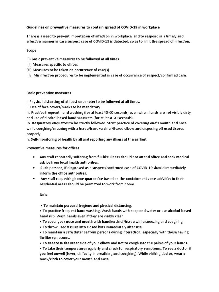 Guidelines On Preventive Measures To Contain Spread Of COVID-19 In Workplace | PDF ...