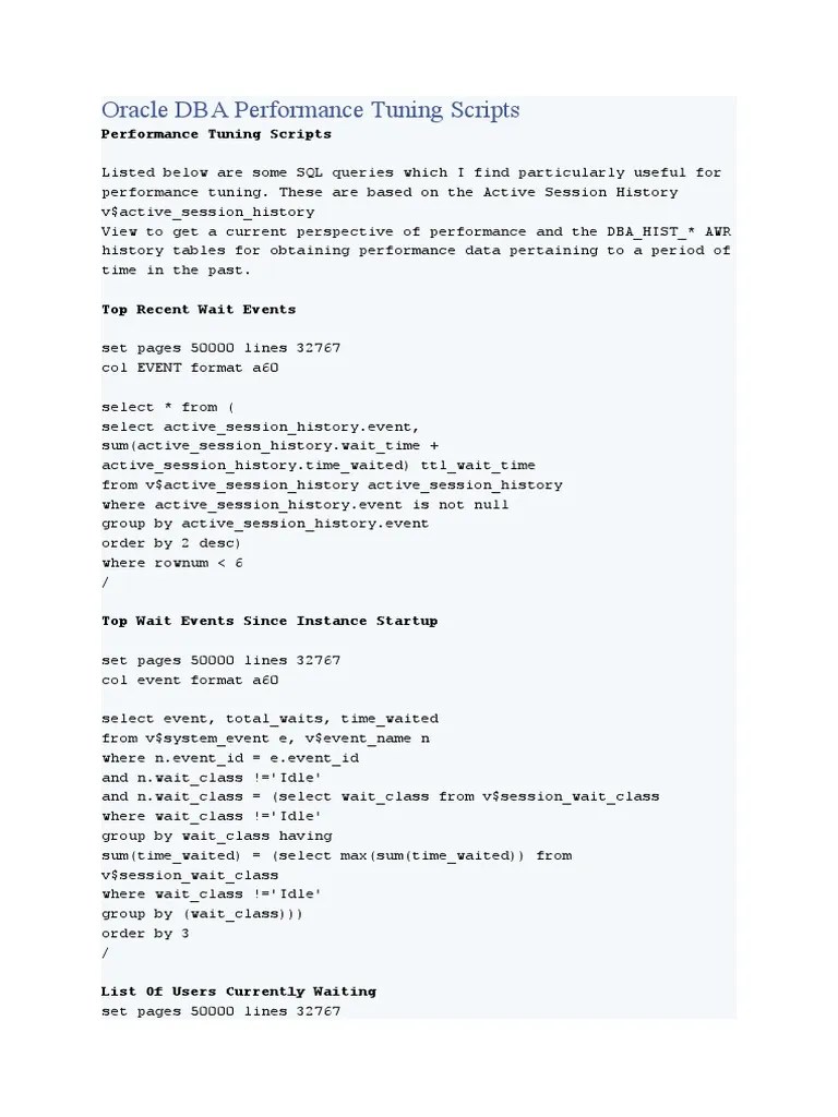 Oracle Performance Tuning Scripts | PDF | Relational Database | Sql