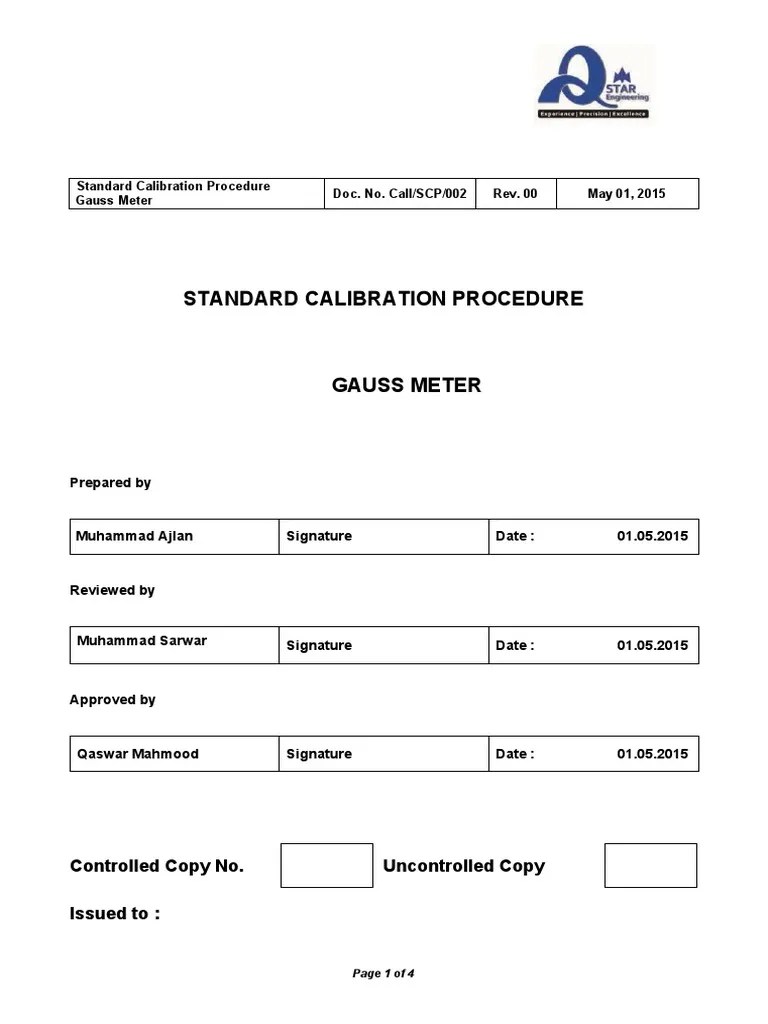 Standard Calibration Procedure Gauss Meter Doc. No. Call/SCP/002 Rev. 00 May 01, 2015 | PDF ...