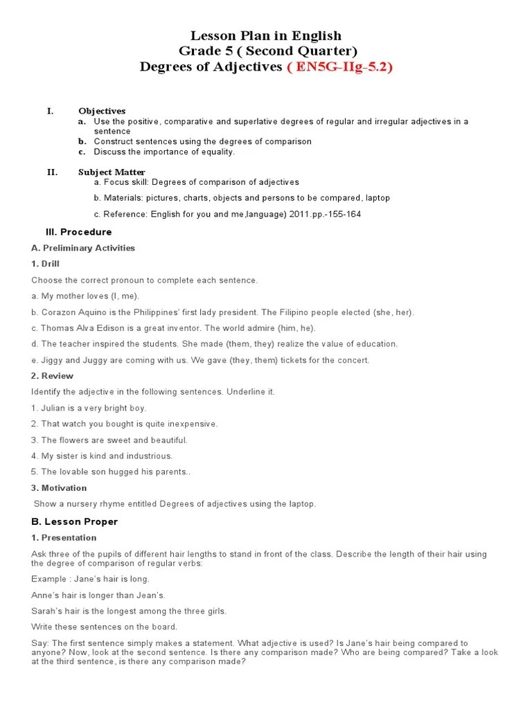 Lesson Plan In English 5 Second Final | PDF | Linguistics | Grammar