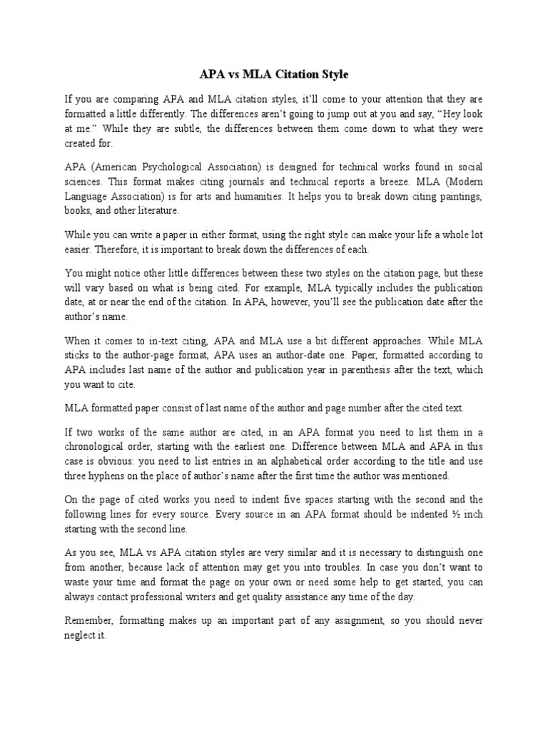 APA Vs MLA Citation Style | PDF | Apa Style | Note (Typography)