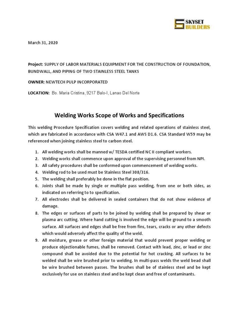 Welding Procedure Specification For Stainless Steel Tank Construction At Newtech Pulp Inc ...