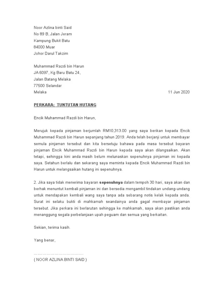 Surat rayuan lewat bayar kwsp surat rasmi u cute766. Contoh Surat Notis Tuntutan Hutang