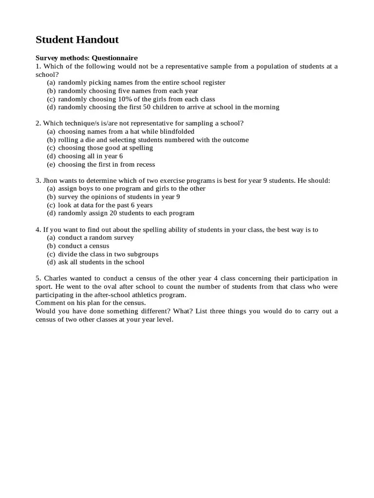 Student Handout: Survey Methods: Questionnaire | PDF | Career & Growth ...