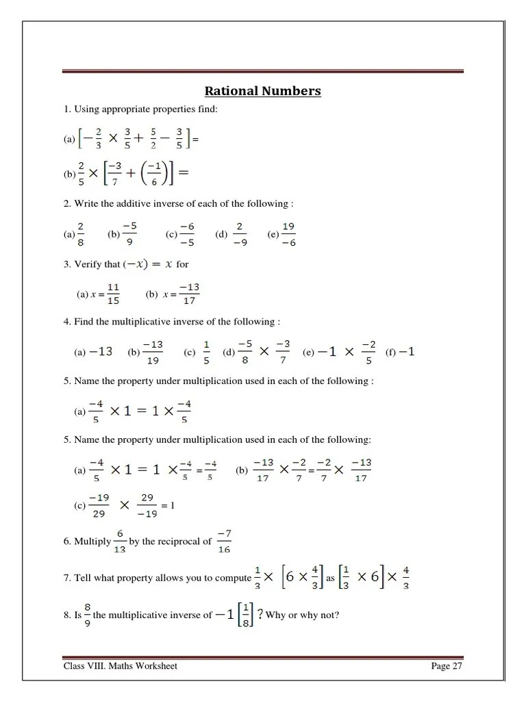 Rational Numbers: Class VIII. Maths Worksheet | Download Free PDF ...