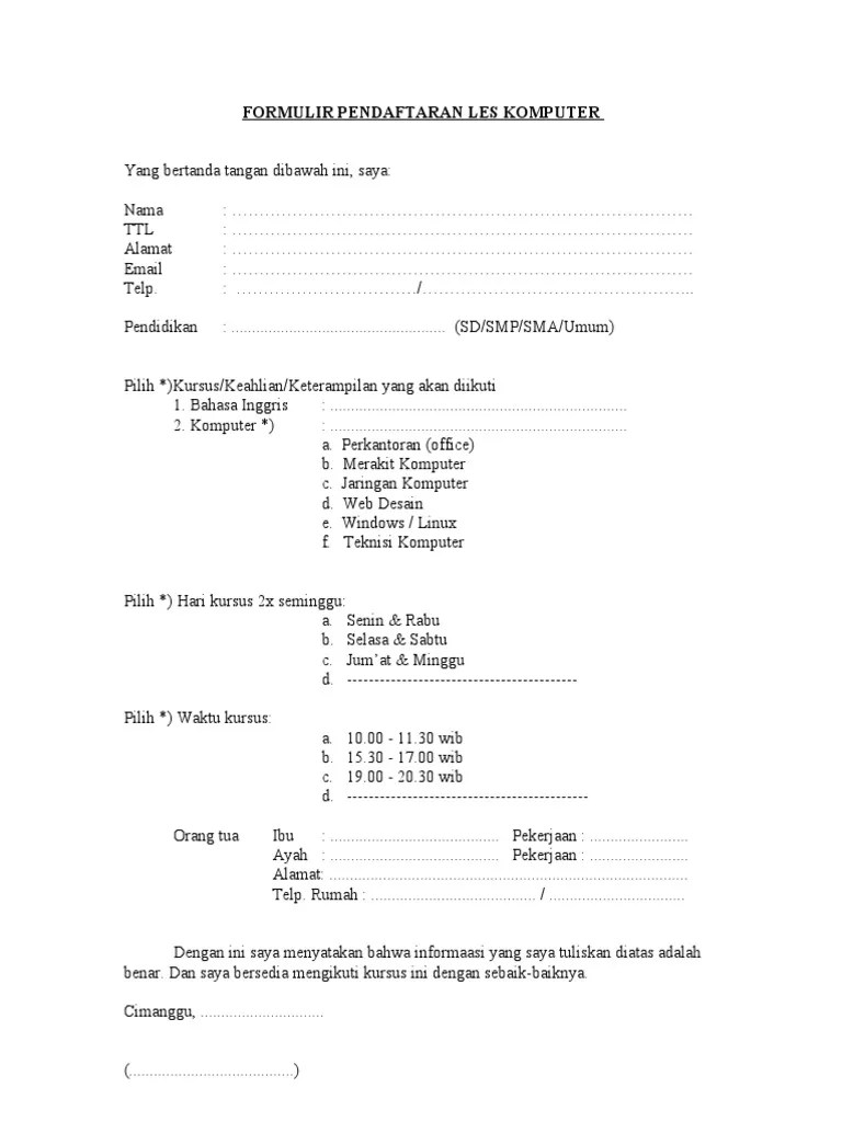 Formulir Pendaftaran Les Komputer | PDF