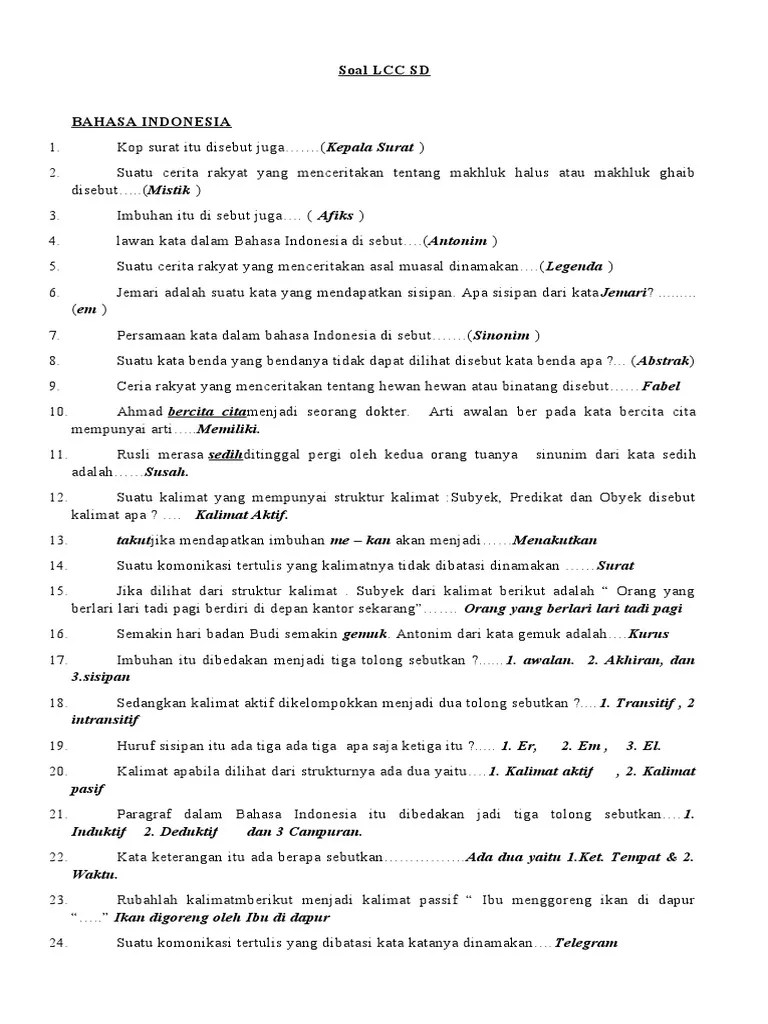 Pemakaian imbuhan dapat mengubah kelas kata. Soal Lcc Sd Pdf