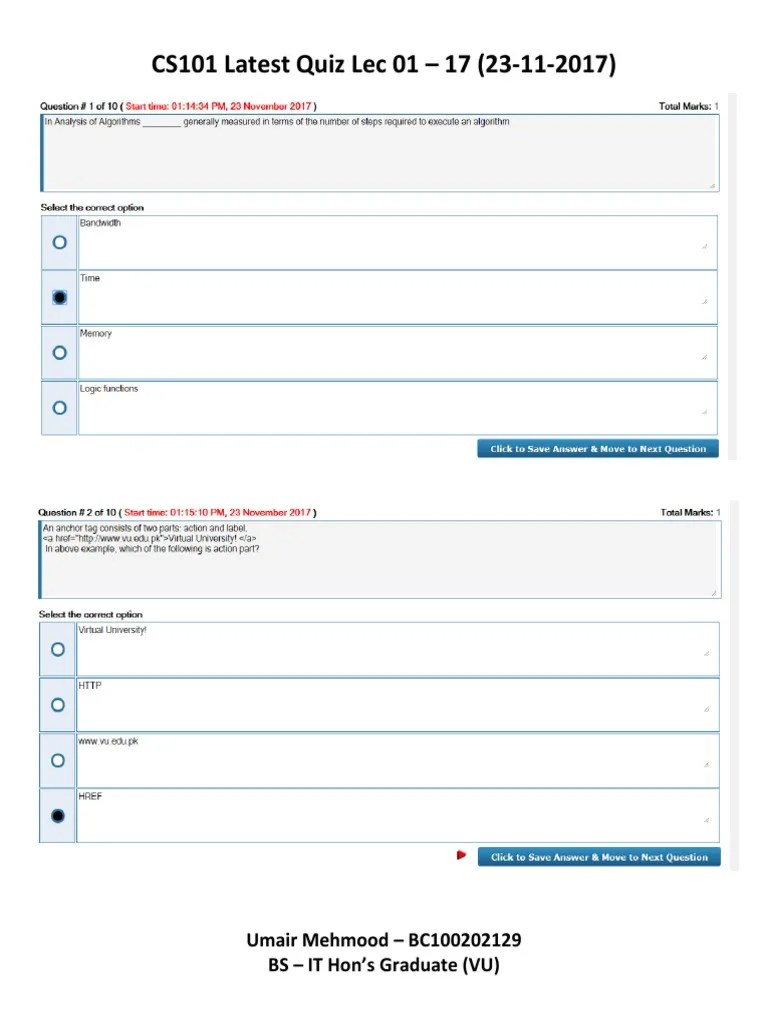 CS101 Quiz Mega Files Lecture 1 To 17 PDF | PDF | Teaching Methods ...