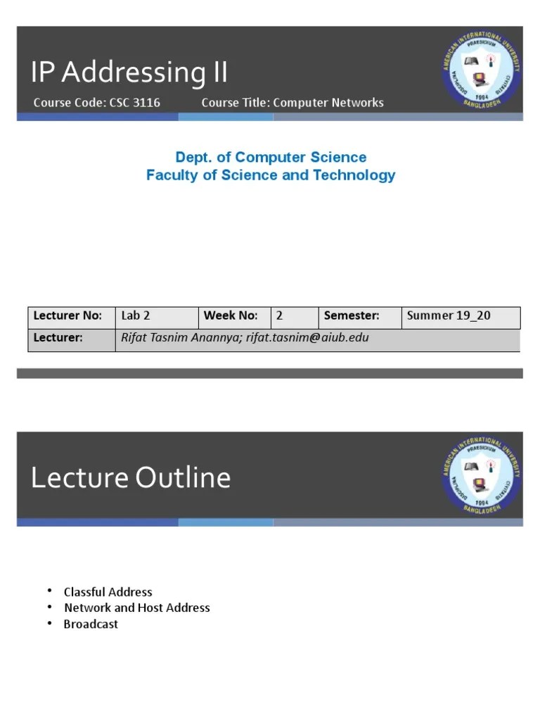 Lab Lecture 2 IP - Addressing II | PDF | Ip Address | Computer Network