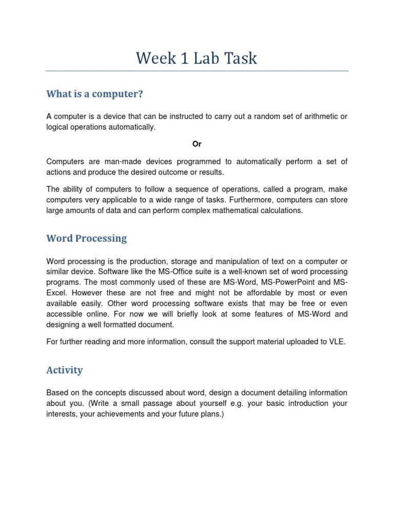Week 1 Lab Task - 2017 | PDF | Computers | Technology & Engineering