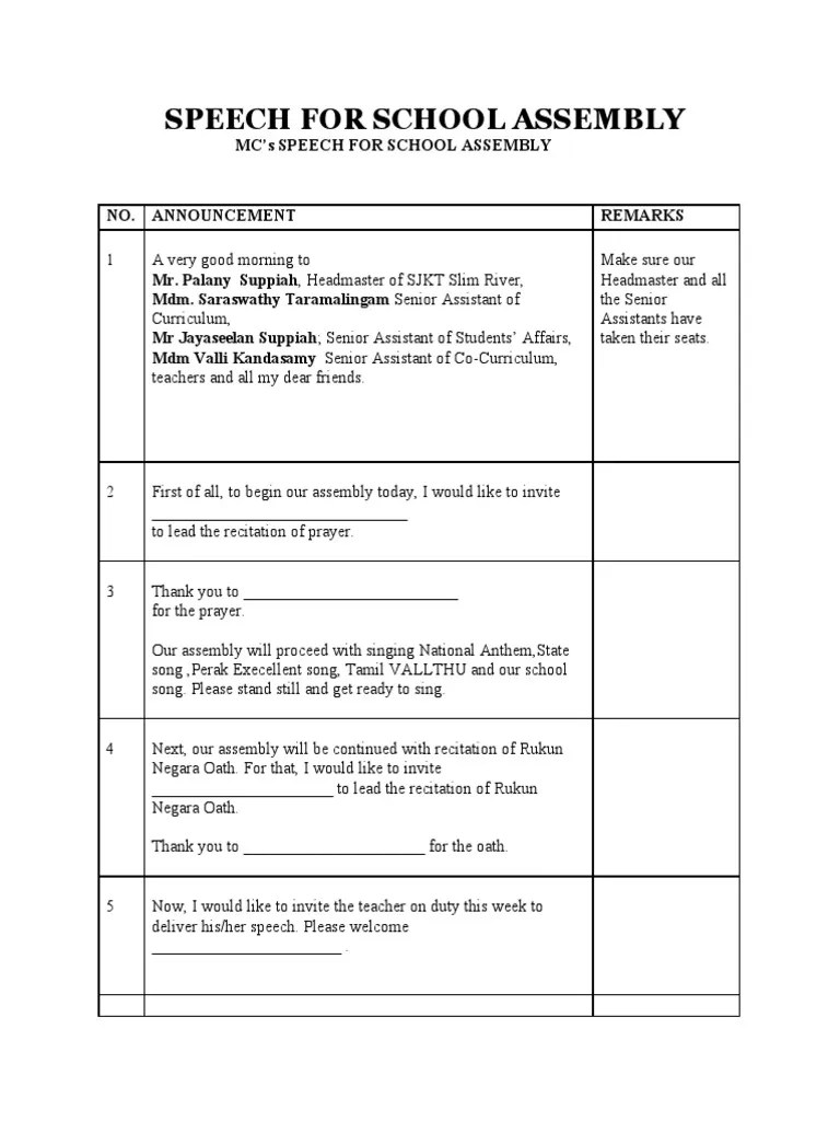 Speech For School Assembly | PDF