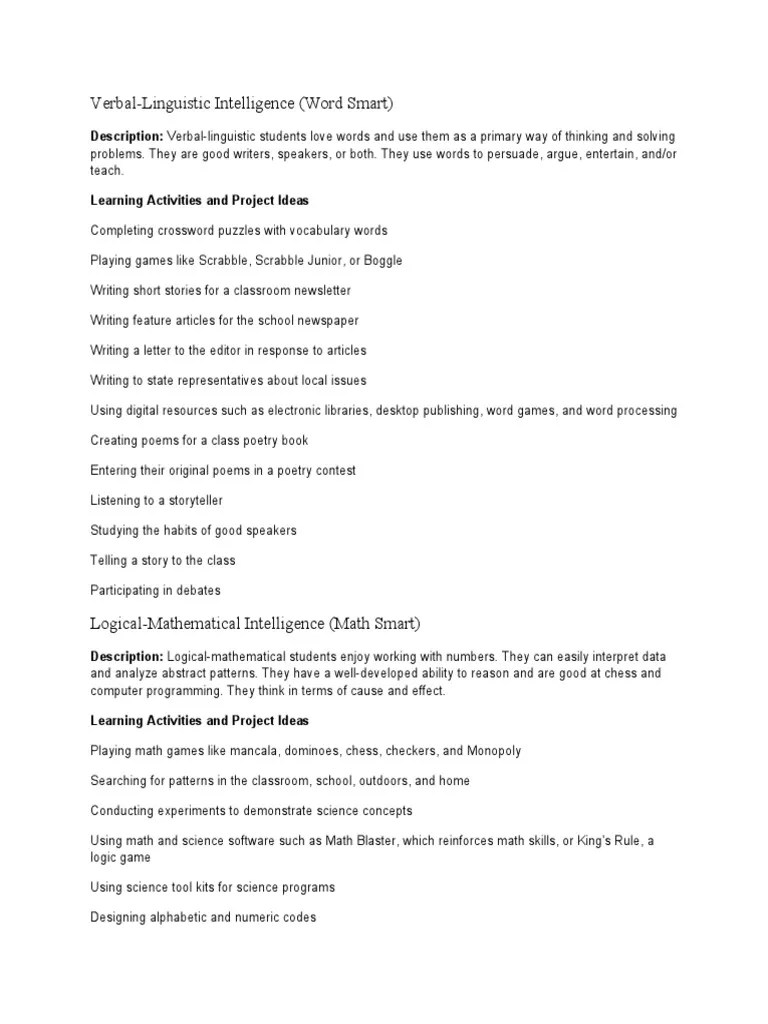 Activities For Multiple Intelligences | PDF | Intelligence | Teaching ...