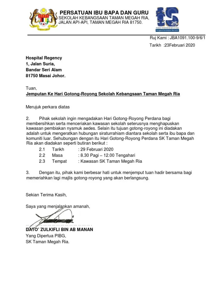 Tuan, jemputan program gotong royong peringkat sekolah sukacita dimaklumkan perkara di atas adalah dirujuk: Surat Jemputan Gotong Royong Pdf