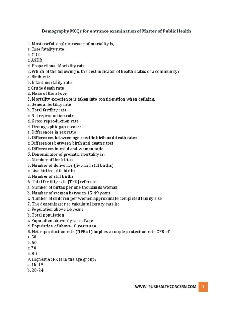 Demography MCQs For Entrance Examination Of Master Of Public Health PDF | PDF | Total Fertility ...