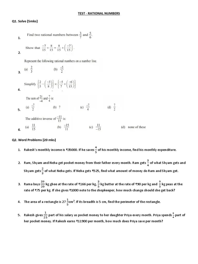 Test - Rational Numbers Q1. Solve (5mks) | PDF