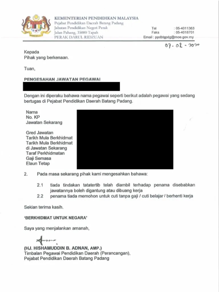 Contoh Surat Rasmi Pengesahan Jawatan English Version 