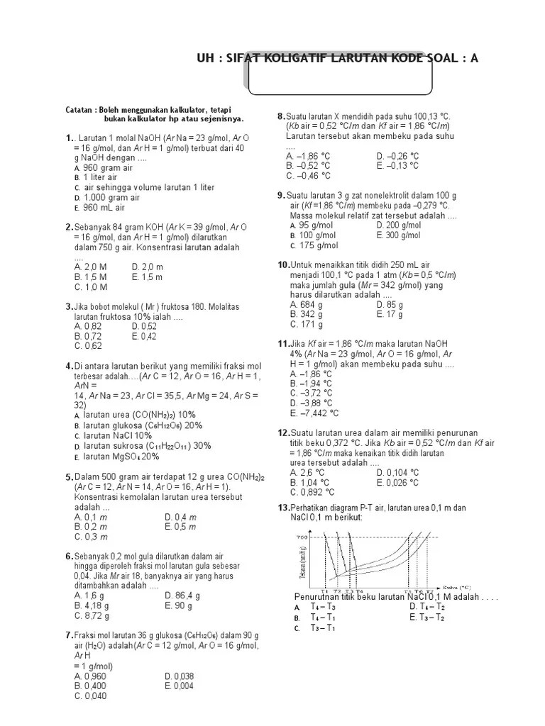Uh Sifat Koligatif Larutan Kode Soal A | PDF