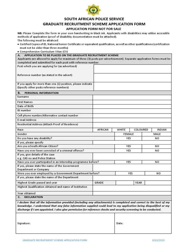South African Police Service Graduate Recruitment Scheme Application Form | PDF | Government ...