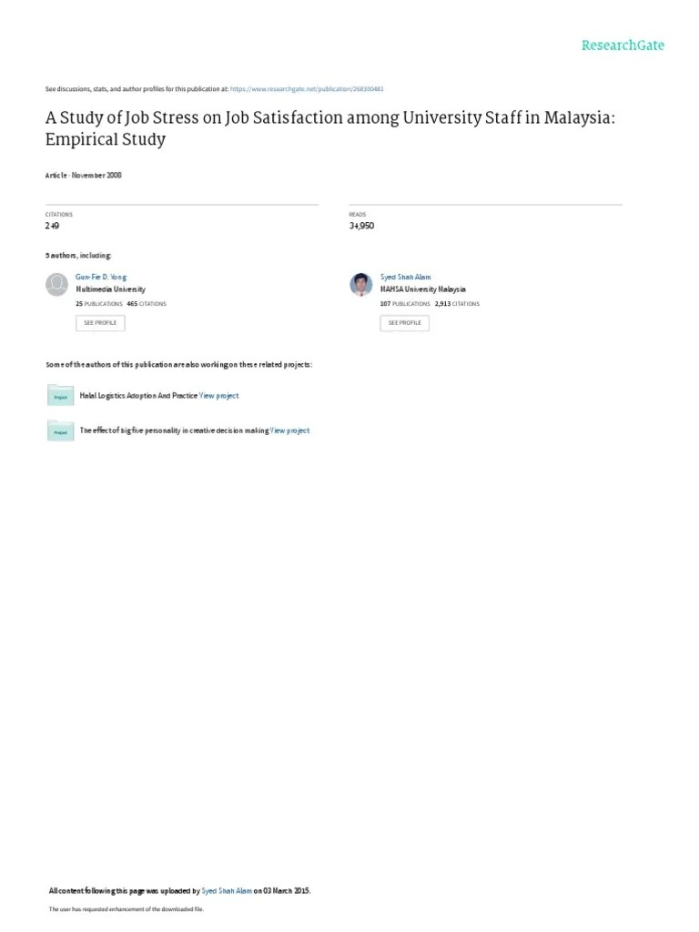 A Study Of Job Stress On Job Satisfaction Among Un | PDF | P Value | Occupational Stress