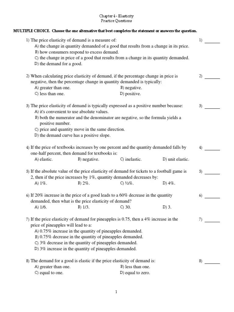 Chapter 4-Elasticity Practice Questions | PDF | Demand | Price ...