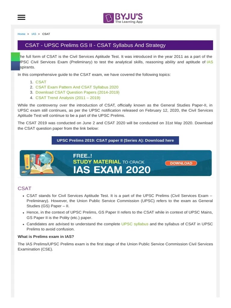 CSAT - UPSC Prelims GS II - CSAT Syllabus And Strategy | PDF | Tests ...