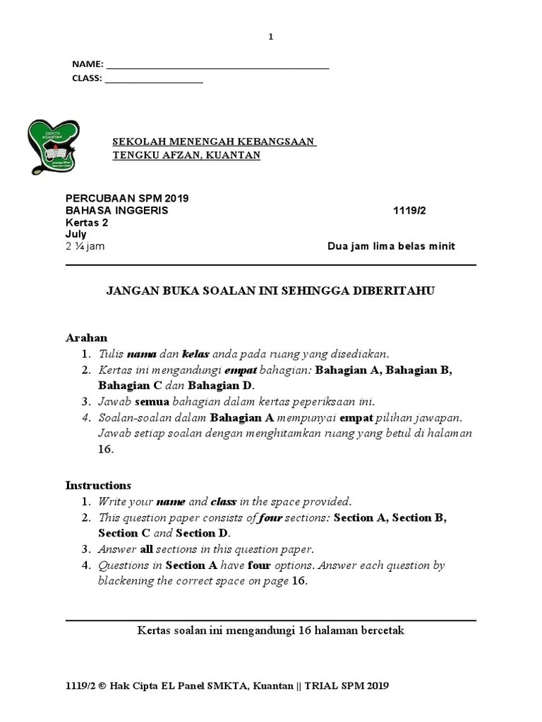 Koleksi soalan dibahagikan mengikut mata pelajaran dan negeri atau sekolah yang mengeluarkan soalan tersebut beserta skema jawapan bagi soalan yang dikongsikan. Spm Trial 2019 Pahang Kuantan P2 International Student Influenza A Virus Subtype H1 N1