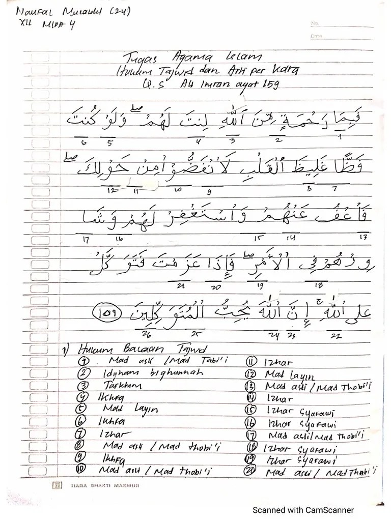 Pada surat ali imran ayat 159 terdapat beberapa hukum tajwid antara lain. Tajwid Dan Arti Per Kata Ali Imran Ayat 159 Naufal Muzakki Xii Mipa 4