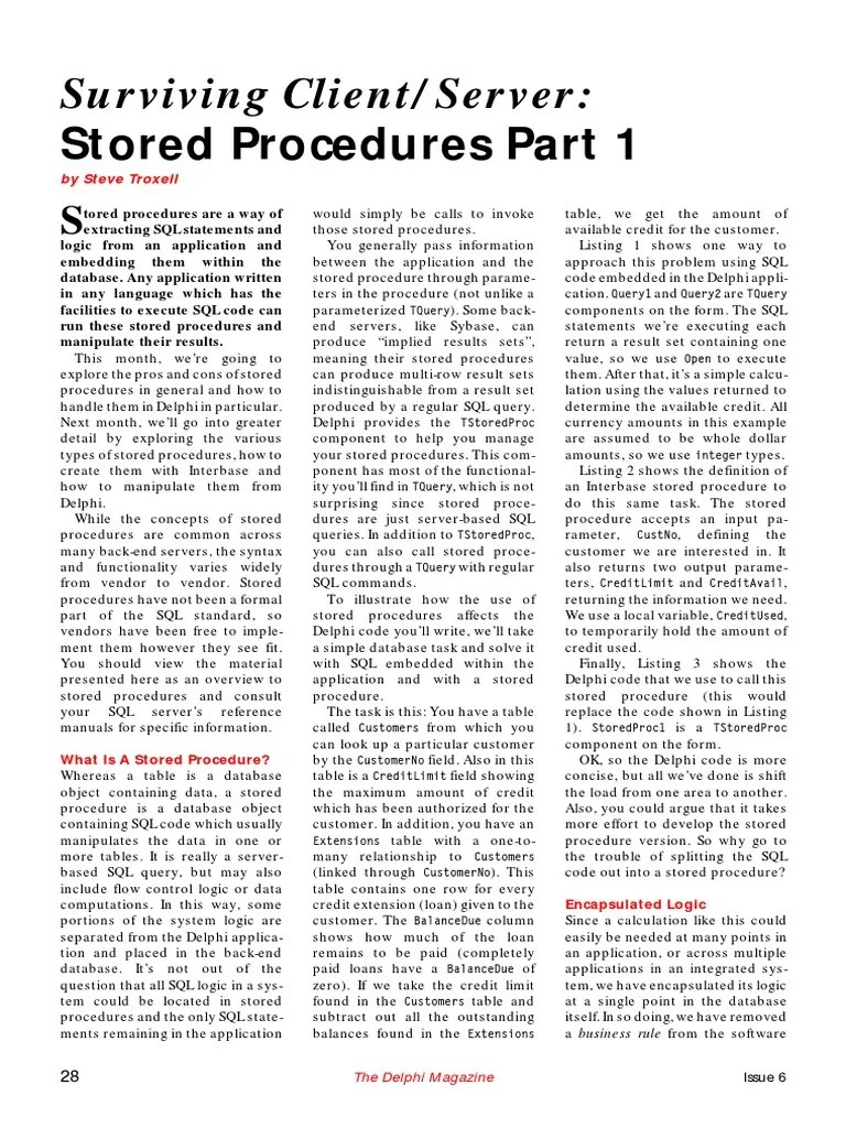 Delphi - Stored Procedures - Part 1 PDF | PDF | Databases | Sql