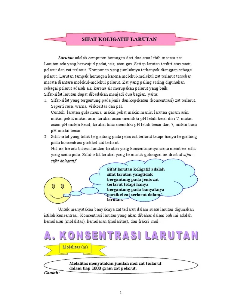 Zat yang jumlahnya lebih banyak disebut zat pelarut. Materi Sifat Koligatif Larutan Kelas Xii Pdf