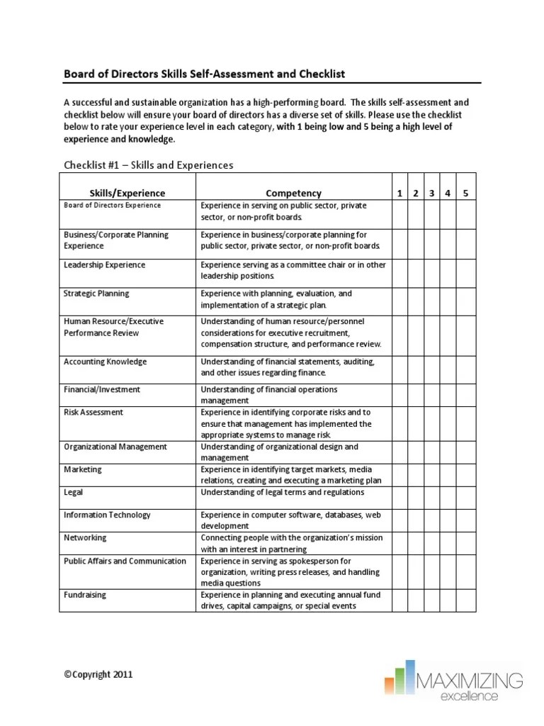 Board Of Directors Skills Self-Assessment And Checklist | PDF | Board Of Directors | Strategic ...