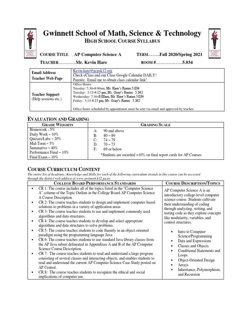 APCSA Syllabus (Hare) | PDF | Object (Computer Science) | Class ...