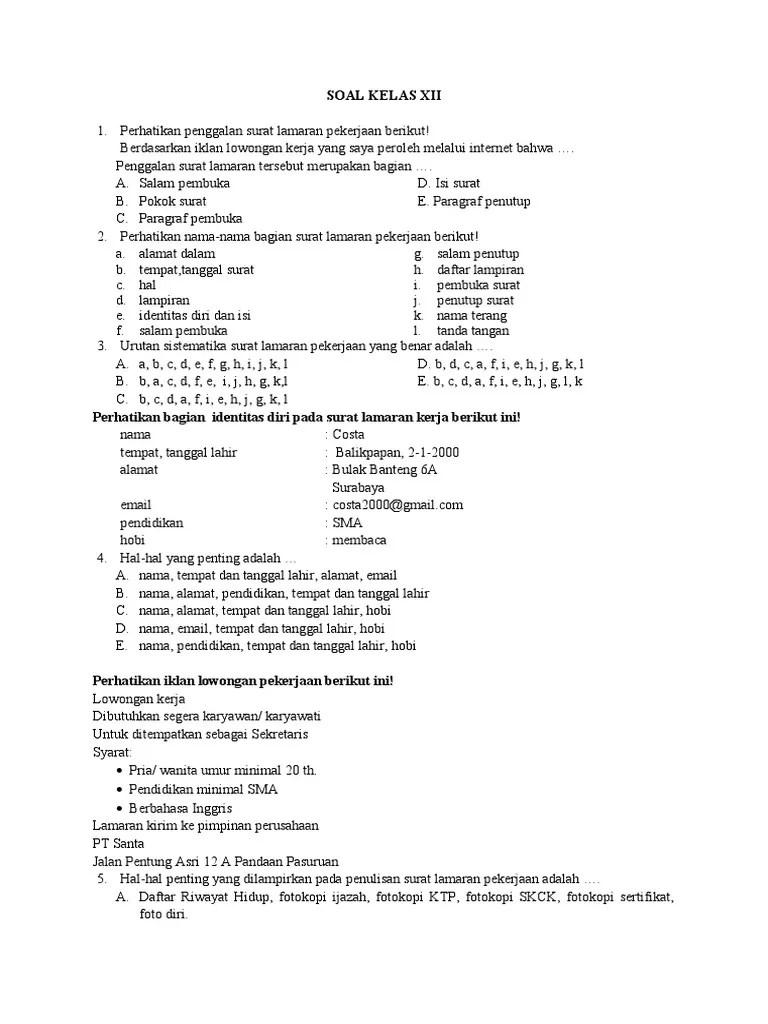 Apa saja yang harus dilampirkan pada surel lamaran kerja ? Soal Pas Kelas Xii Pdf