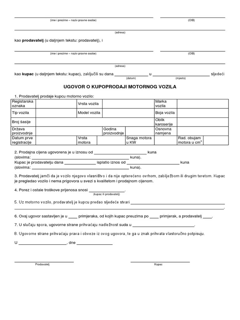 Ugovor O Kupoprodaji Motornog Vozila PDF | PDF