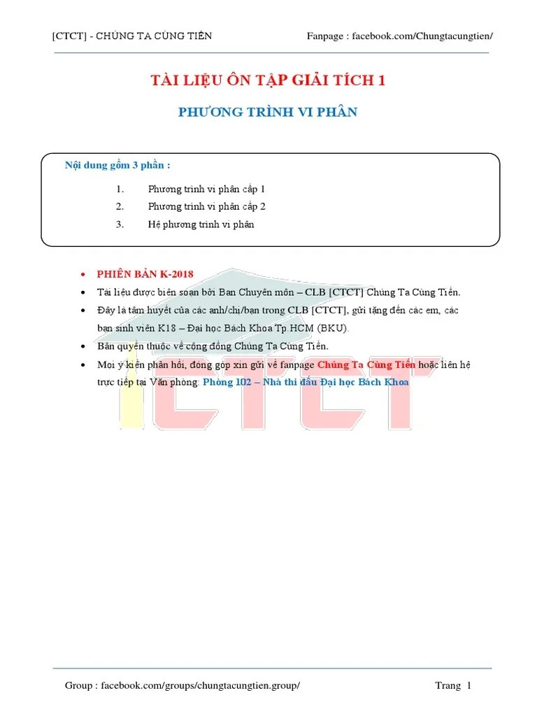TÀI LIỆU ÔN TẬP GIẢI TÍCH 1 - PHƯƠNG TRÌNH VI PHÂN.pdf | PDF