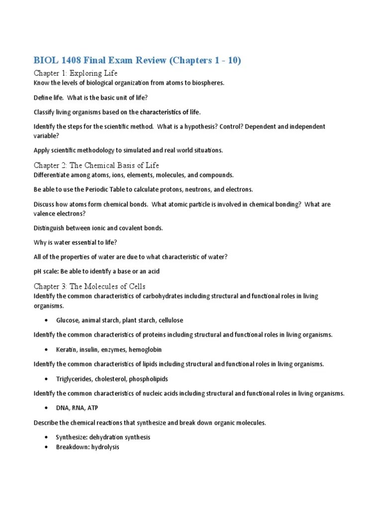 BIOL 1408 Final Exam Review - Chapter 1 - 10 - Concepts And Connections ...