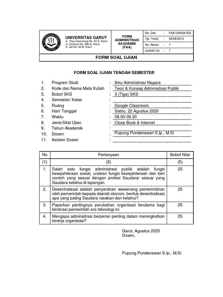 Mahasiswa memahami pengertian algoritma dan bahasa pemprogaman beserta. Soal Uas Teori Konsep Administrasi Pdf