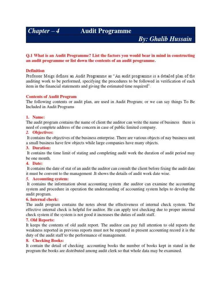 Chapter - 4 Audit Programme By: Ghalib Hussain: 2. Objectives | PDF ...