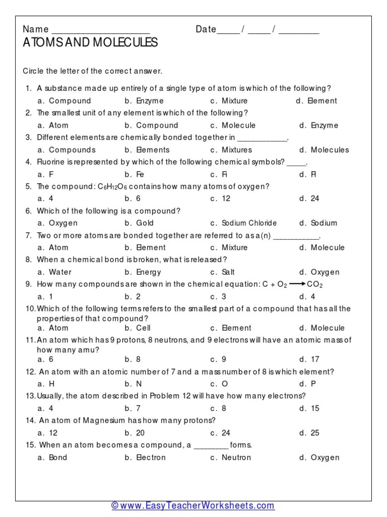 Names of compounds and elements. Atoms And Molecules Worksheet Pdf Chemical Compounds Atoms