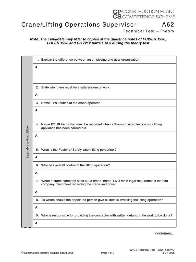 Crane/Lifting Operations Supervisor A62: LOLER 1998 And BS 7212 Parts 1 To 3 During The Theory ...