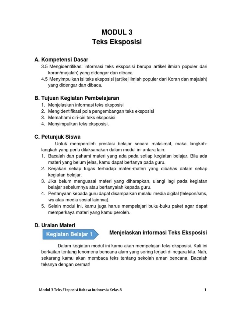 Beberapa jenis pola pengembangan paragraf eksposisi meliputi : Modul 3 Bahasa Indonesia Kelas 8 Teks Eksposisi Pdf