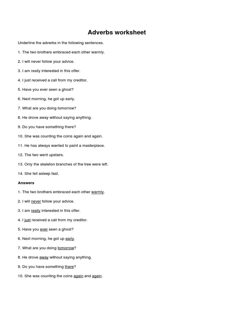 Adverbs worksheet: answers