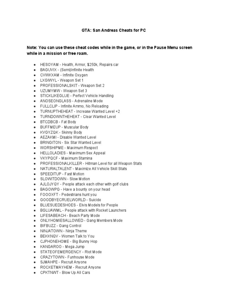 GTA San Andreas PC Cheat Codes List PDF Leisure Sports 1