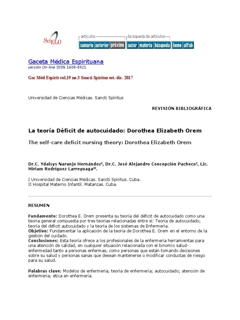 Teoría Del Autocuidado Dorothea Orem | PDF | Enfermería | Teoría